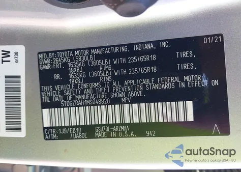 2021 Toyota Highlander Xle z USA, uszkodzony, nr VIN 5TDGZRAH1MS048820